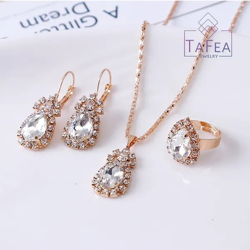 4 Pieces / Set Luxury Necklace Set Engagement Ring Earrings Pendant Beautiful Rose Gold Wedding Jewelry Set