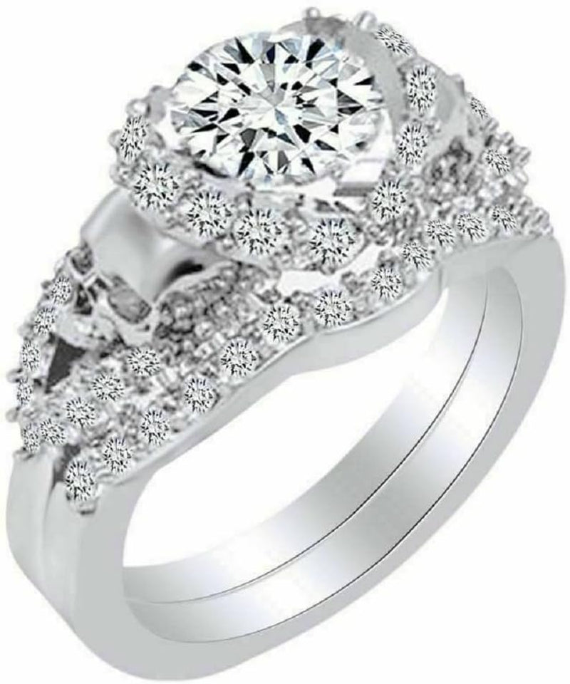 round Cut White Diamond 925 Sterling Silver 14K White Gold over Diamond Halo 2 Skull Wedding Band Bridal Ring Set for Women