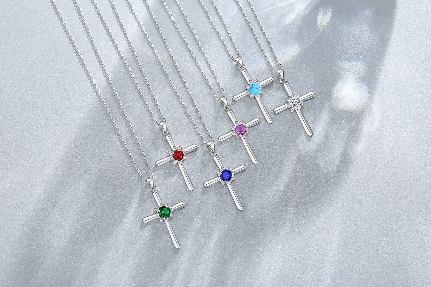 Birthstone Cross Necklace for Women Sterling Silver Birthstone Necklace Halo Infinity Cross Pendant Necklace Fine Jewelry Valentines Day Gifts Birthday Holiday Gifts for Her, 16"+2" Inches