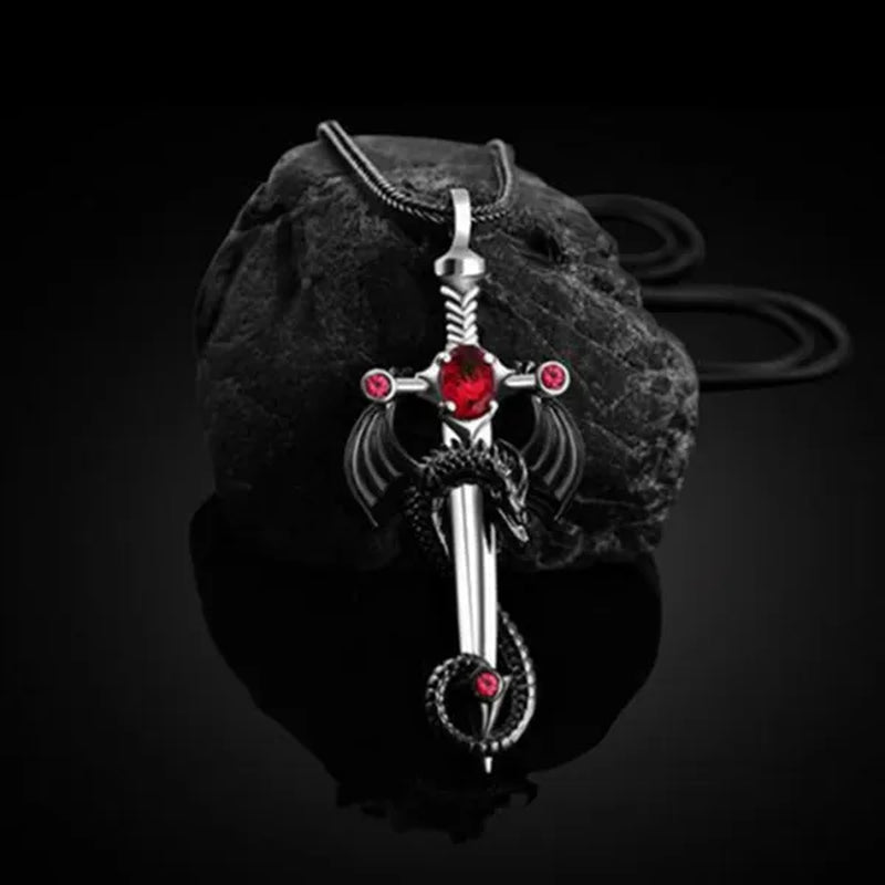 2021 New Retro Men's 316L Stainless Steel Ruby Sword and Dragon Pendant Necklace Punk Men's Party Necklace Best Jewelry Gift
