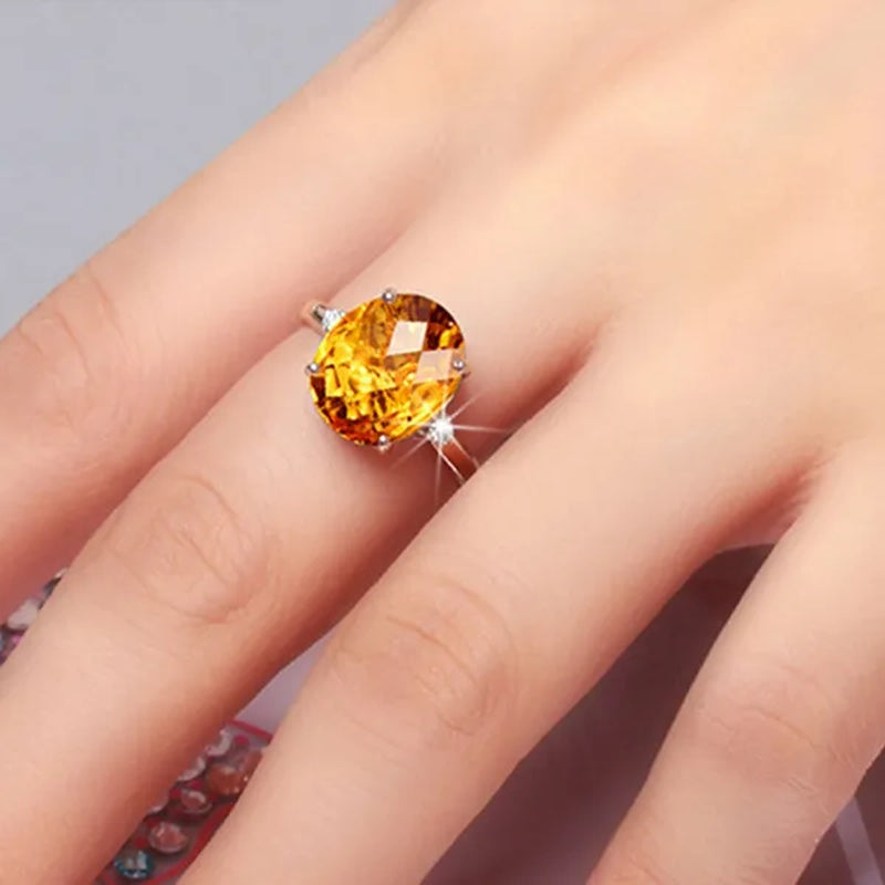 4pcs/set Luxury Yellow Crystal Water Droplets Pendant Necklace Gemstone Dangle Hook Earrings Citrine Claw Setting Open Adjustable Ring for Women Gifs Jewelry Set Accessories