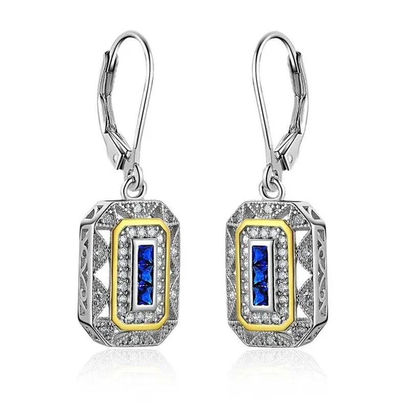 Retro 925 Sterling Silver Blue Sapphire Gemstone Newshe Drop Dangle Earrings Art Deco-style White Cubic Zirconia Leverback Earrings CZ Charm Woman Jewelry Gift