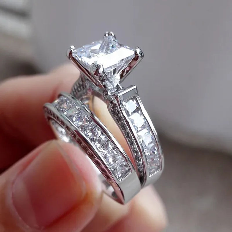 2-in-1 Womens Vintage White Sapphire Diamond 925 Sterling Silver Engagement Wedding Band Ring Set