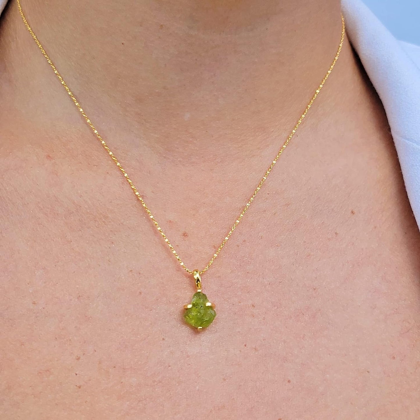 Natural Raw Peridot Chain Pendant Necklace with Yellow Gold over 925 Sterling Silver, August Birthstone Dainty Solitaire Gift for Her, (Peridot)