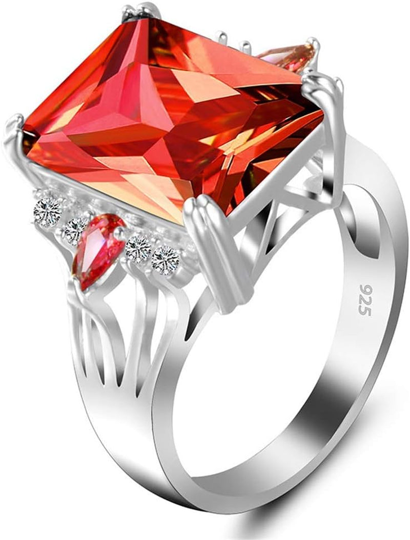 Vintage 925 Sterling Silver Ruby Ring Cocktail Rings Square Cut Red Gemstone Cubic Zirconia Anniversary Promise Ring CZ Halo Ring Eternity Engagement Wedding Band Ring for Women TZ.87