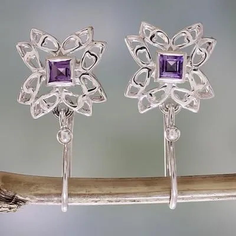 925 Sterling Silver Purple Amethyst Diamond Gemstones Birthstone Ear Studs Earring Bride Princess Wedding Engagement