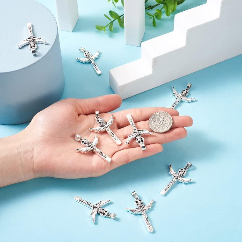 10Pcs Tibetan Style Alloy Crucifix Cross Pendants Religious Cross Charms with Pinch Bail for Easter Rosary Holy Beads Necklace Jewelry Making Antique Silver