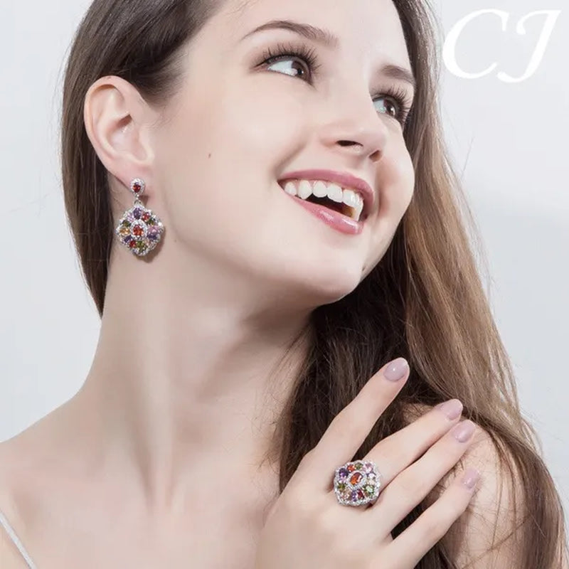 CANDICE Women Fashion Sterling Silver Plated Jewelry Summer New Design Paved Pink Purple Green Zircon Bling Lady Big Finger Rings(US SIZE 6-9)