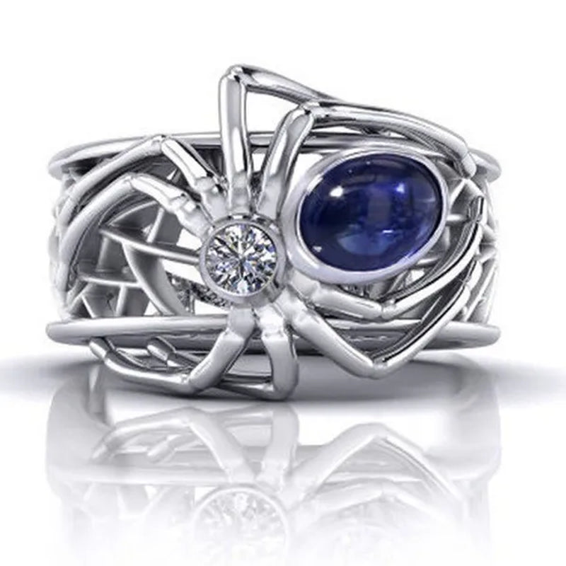 Unique Punk Silver Creative Spider Spider Ring Punk Style Man Inlay Sapphire Ring Anniversary Statement Natural Gemstones Ring
