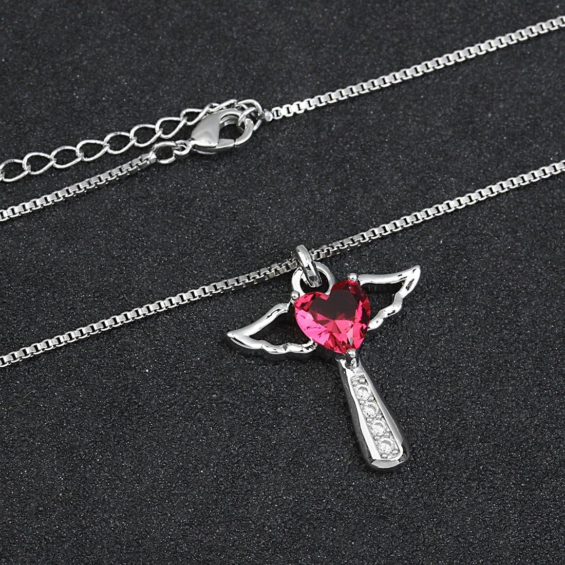 Angel Birthstone Necklaces Heart Cross Necklace for Women Cubic Zirconia Angel Wing Birthstone Heart Charm Pendant Necklace Gifts for Valentine,Birthday