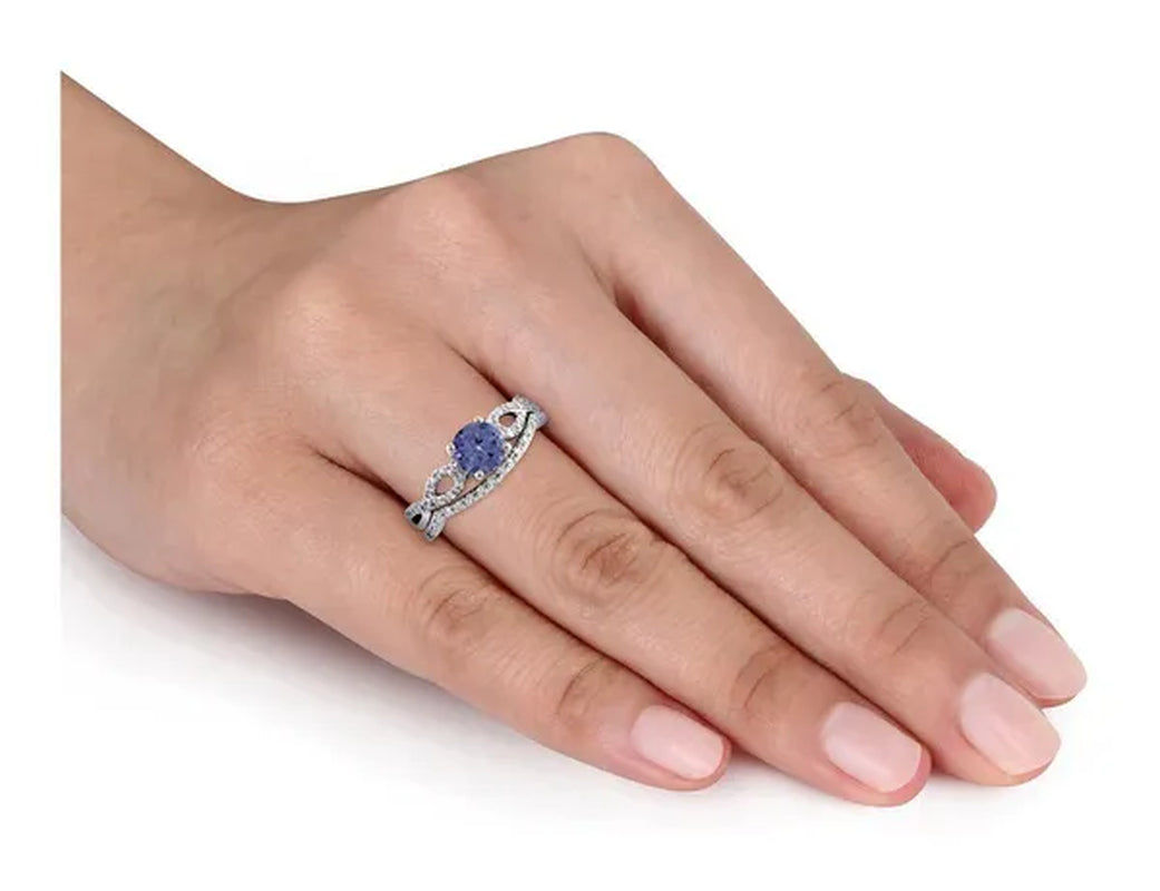 1.00 Carat (ctw) Tanzanite Engagement Ring & Wedding Band in 10K White Gold with Diamonds