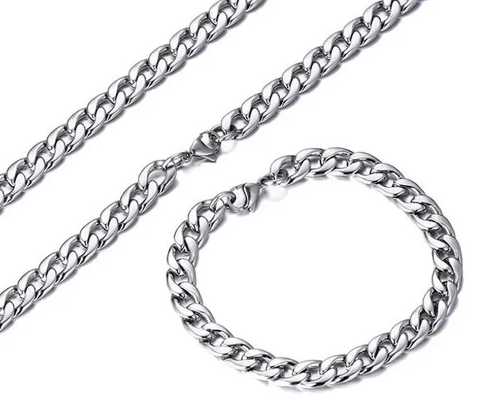 24''+8.5'' Silver stainless steel curb chain necklace and bracelet jewelry set for Mens