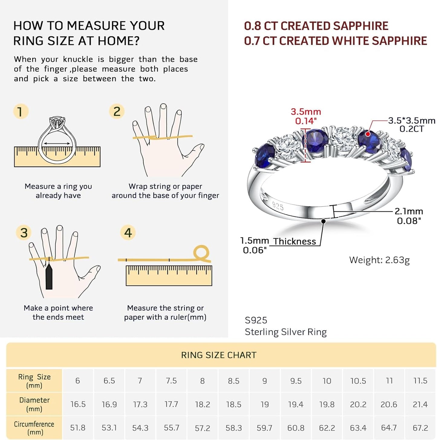 925 Sterling Silver Birthstone Rings for Women White Sapphire Created Gemstone Wedding Band Stackable Half Eternity 7 Stone Anniversary Ring Wife Mom Grandma Birthday Jewelry Size 6-10