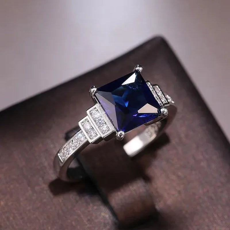 Fashion Jewelry Gemstone 925 Sterling Silver Diamond Cut Square Sapphire Ring Women Size:5-10