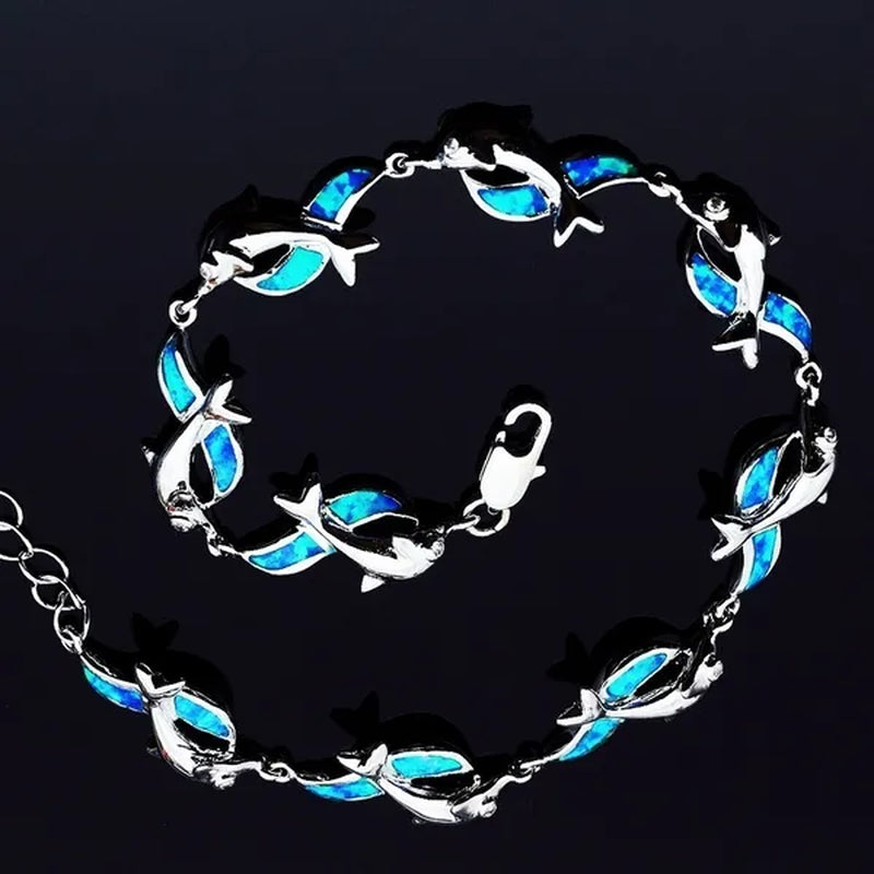 Womens Jewelry 925 Sterling Silver Dolphin Style Blue/red Fire Opal Diamond Charm Chain Bracelet