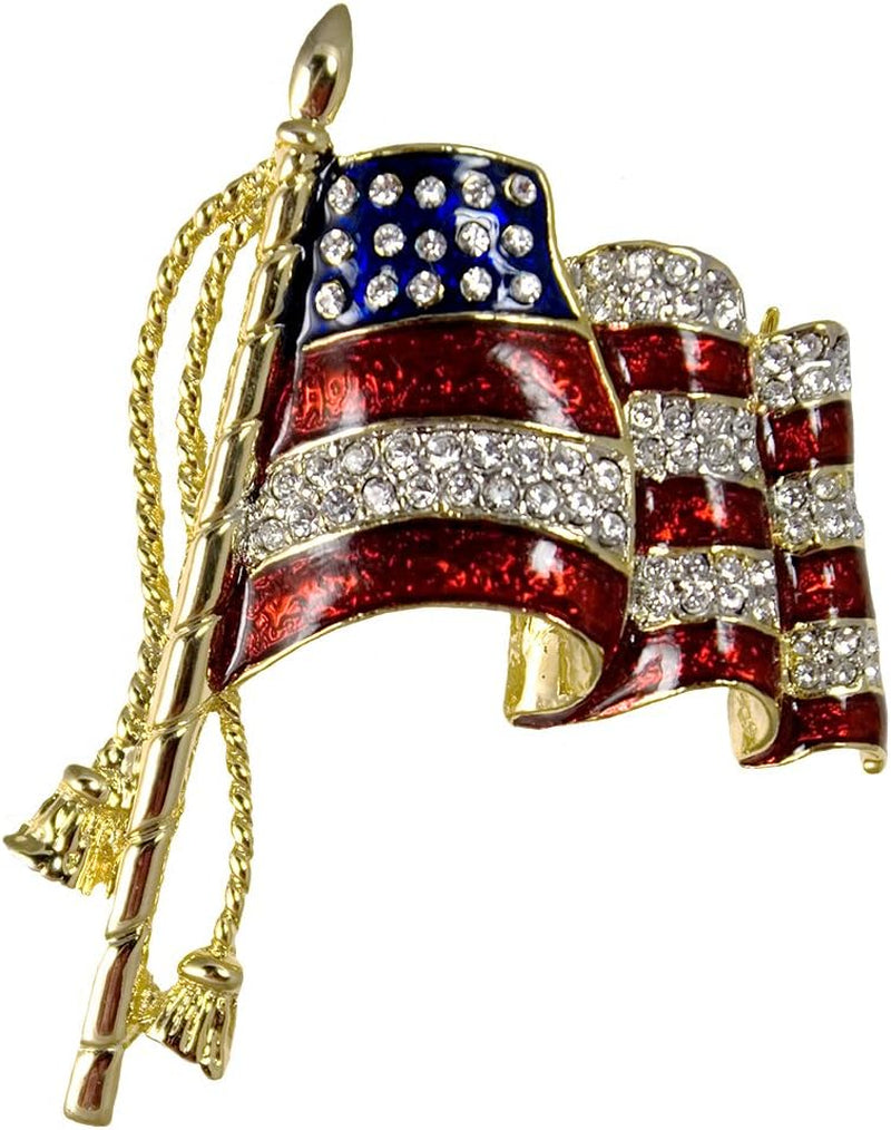 Elegant Waving American Flag Pin/Brooch, Approx. 2", Pin Back with Safety Lock. Gold-Plate with Red and Blue Enamel Background and Diamond-Like Crystals.
