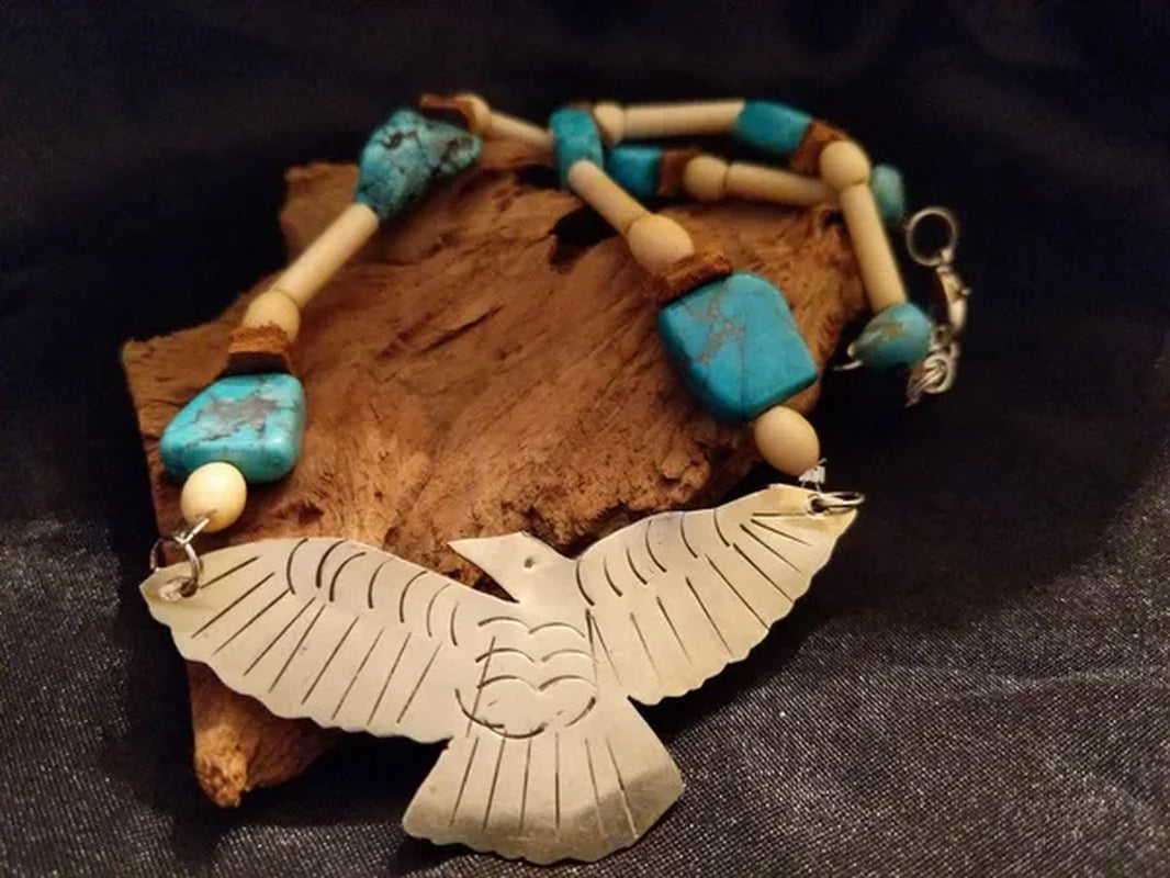 Mexico Sterling Silver Eagle and Turquoise Bone Bead Necklace