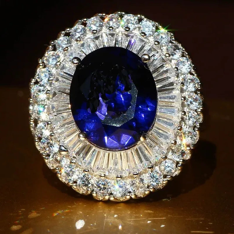 Elegant Silver Sapphire & White Sapphire Birthstone Gemstones Engagement Wedding Anniversary Ring Size 6 7 8 9 10