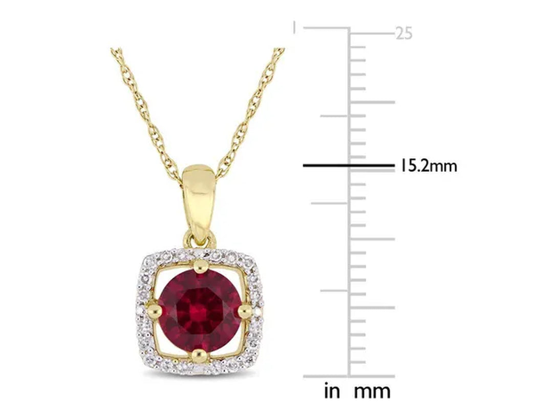 1.00 Carat (Ctw) Lab Created Ruby Solitaire Pendant Necklace in 10K Yellow Gold with Diamonds 1/10 (Ctw I2-I3) and Chai