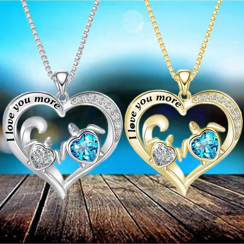 Exquisite Fashion Women Creative Heart Shaped Turtle Necklace Mother Child Turtle Sapphire Pendant Engagement Necklace Women Animal Jewelry Party Anniversary Gift