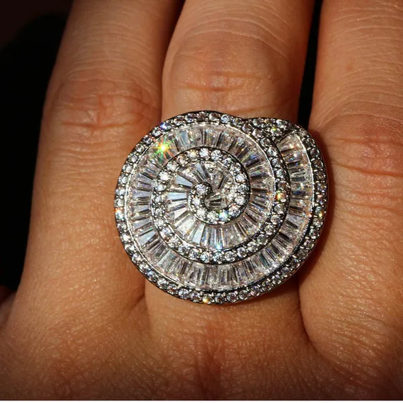 Gorgeous Silver Crown Natural Gemstones White Sapphire Birthstone Bride Wedding Engagement Multilayer Rose Conch Ring Size 6 7 8 9 10