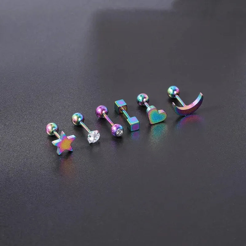 6 Pairs 5 Colors Stainless Steel Tiny Stud Earrings for Women Girls Heart Moon Star Crystal CZ Earrings Cartilage Helix Ear Piercing Set