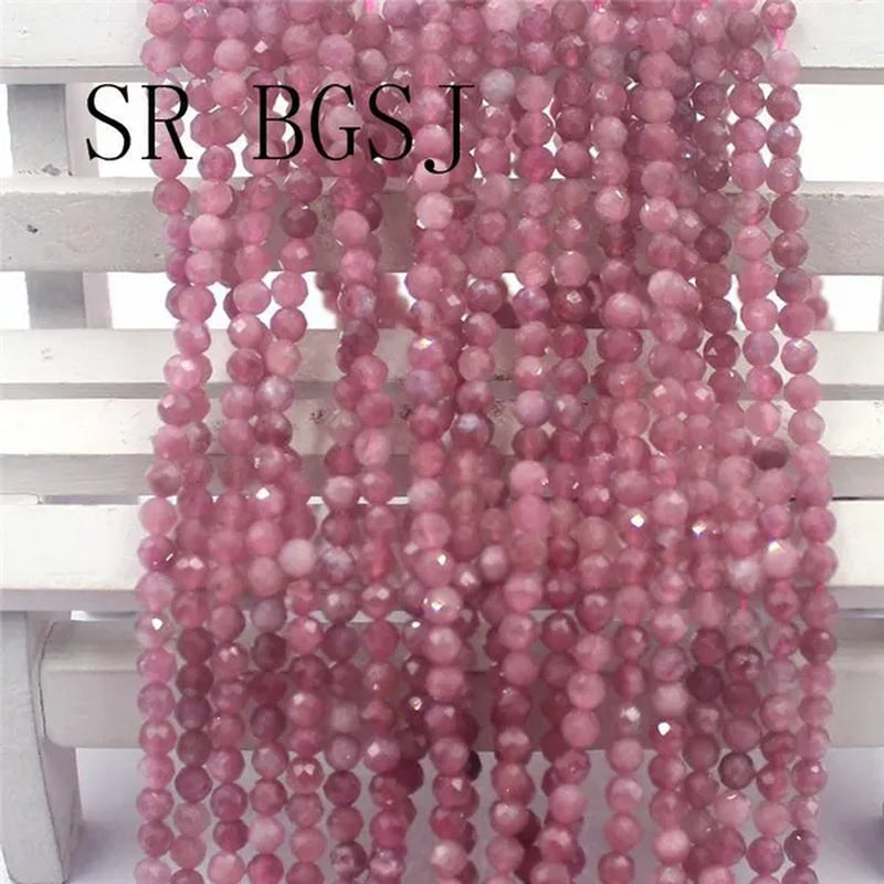 3mm Faceted Natural Round Pink Tourmaline Natural Gemstone Jewelry DIY Bail Spacer Beads Strand 15"