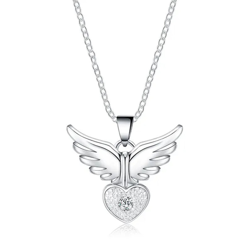 Pretty Women's 925 Sterling Silver Heart Shaped Angel Wings Pendant Diamonds Necklace(with Chain)