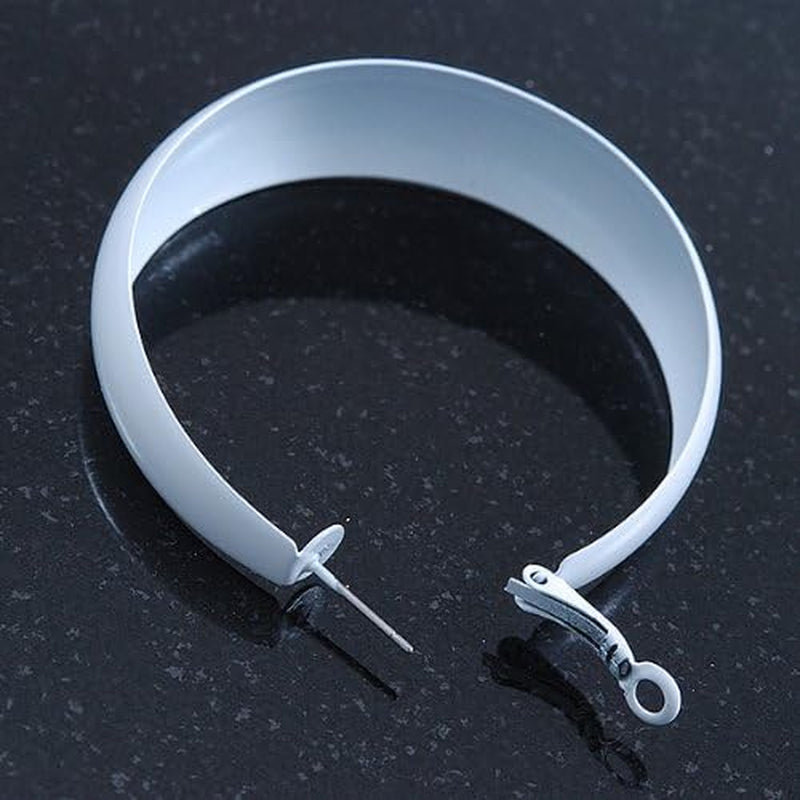Wide Large White Enamel Hoop Earrings - 55Mm Diameter