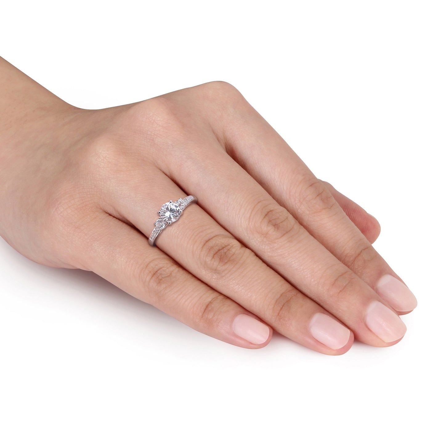 Women'S Engagement Anniversary Bridal 1 1/3 CT. round Created White Sapphire Round-Cut Diamond Accent (G-H, I2-I3) 10Kt White Gold 3-Stone Ring with 4 Prong/Pave Setting & Shoulder Diamonds