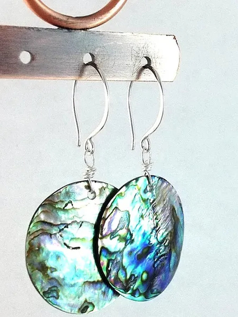 Abalone Earrings / Round Natural Paua Shell Jewelry / Sterling Silver French Hooks / Real Sea Shell Earrings