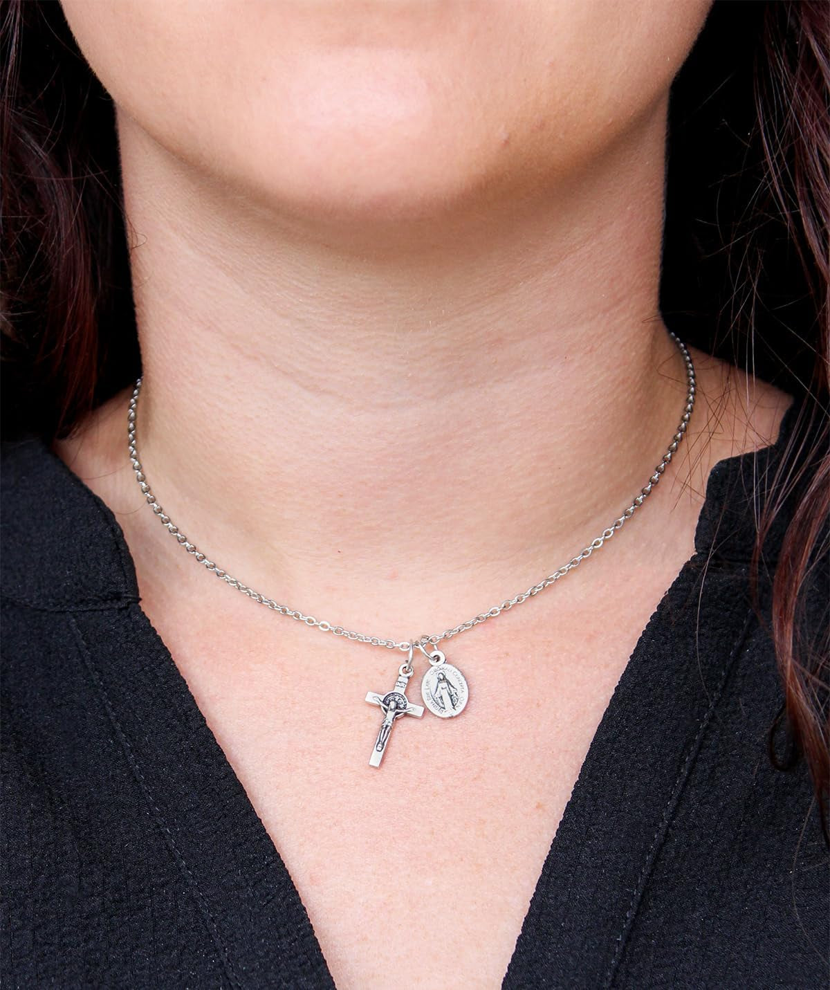 Silver Oxidized Italian Crucifix and Mary Mini Miraculous Medal Necklace on 16" Stainless Steel Chain - Jesus Mary Chain Catholic Necklace for Women, Couples Necklace, Unisex Religious Medal Necklace