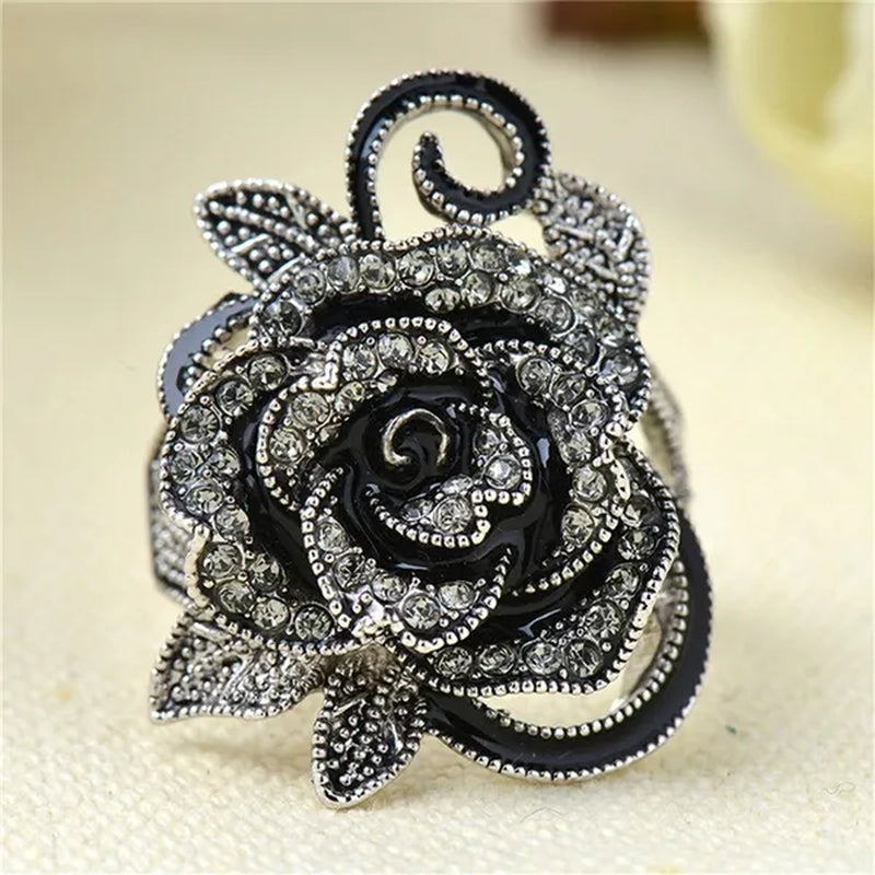 US/UK Trendy Women Retro Rose Flower Ring Black Crystal Vantige Big Flower Rings Jewelry Gift