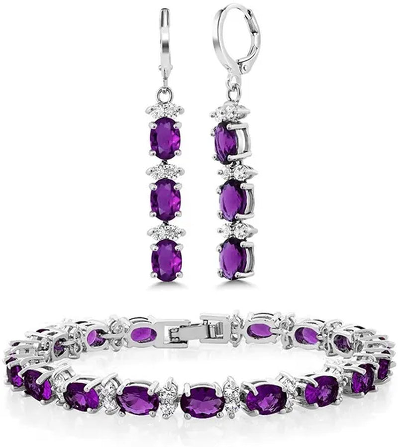 7 Inch Emerald Amethyst Ruby Sapphire and White Tennis Bracelet Set With Matching 2 Inch Oval Dangle Earrings For Women