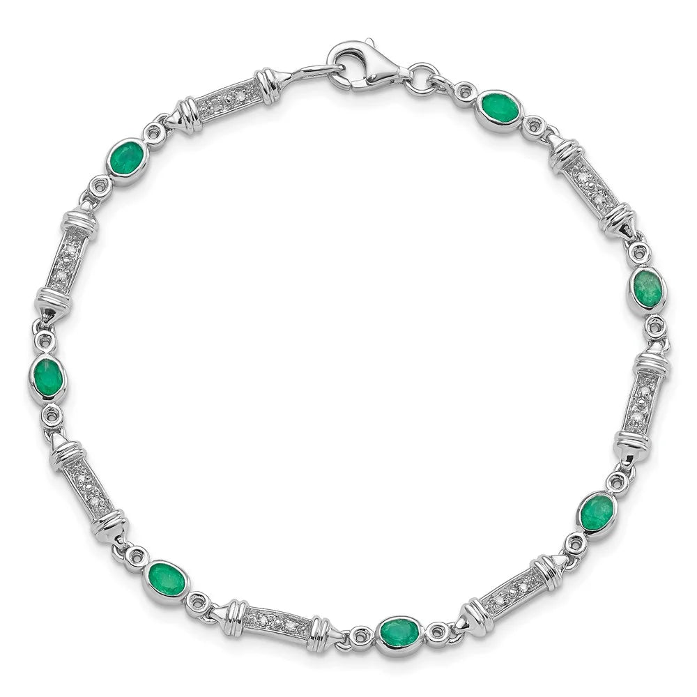 Sterling Silver Rhodium-Plated Emerald and Diamond Bracelet
