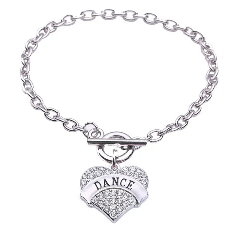 Dance Pave Heart Toggle Charm Bracelet Crystal Silver Hearts DANCE Art Lobster Claw Bracelets