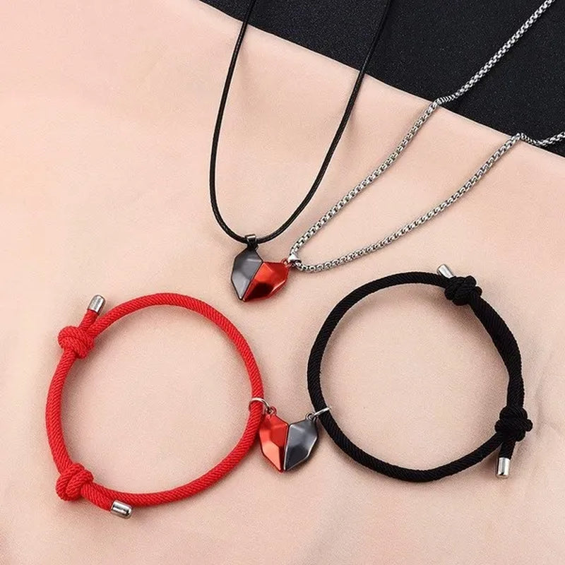 4Pcs/Set Two Souls One Heart Matching Necklaces Bracelets for Couples Creative Magnet Wishing Stone Necklaces Pandent Braided Rope Bracelets Mutual Attraction Friendship Couples Jewelry Gifts for Valentine'S Day