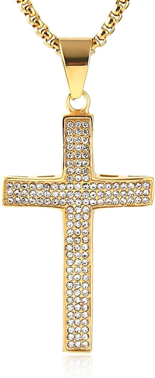 Mens Iced Out Cross Cz Inlay Pendant 18K Gold Plated Stainless Steel Hip-Hop Necklace 24"