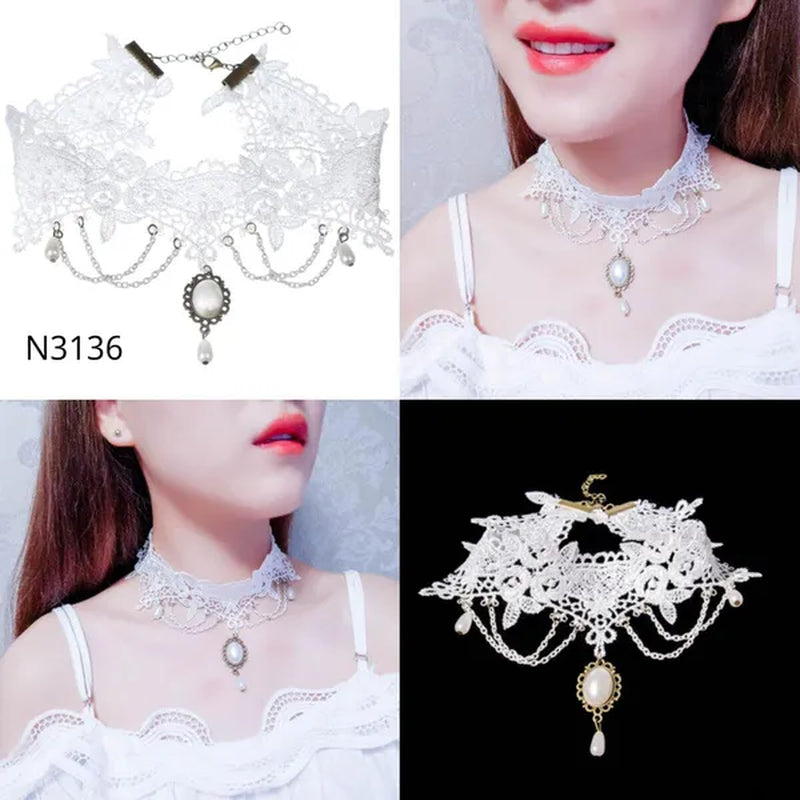 White Lace Necklace Chokers Black Collares Vintage Style Female Gothic Wedding Red Rose Crystal Diamond Pendant Collarbone Necklaces Chain Accessories for Women Girls