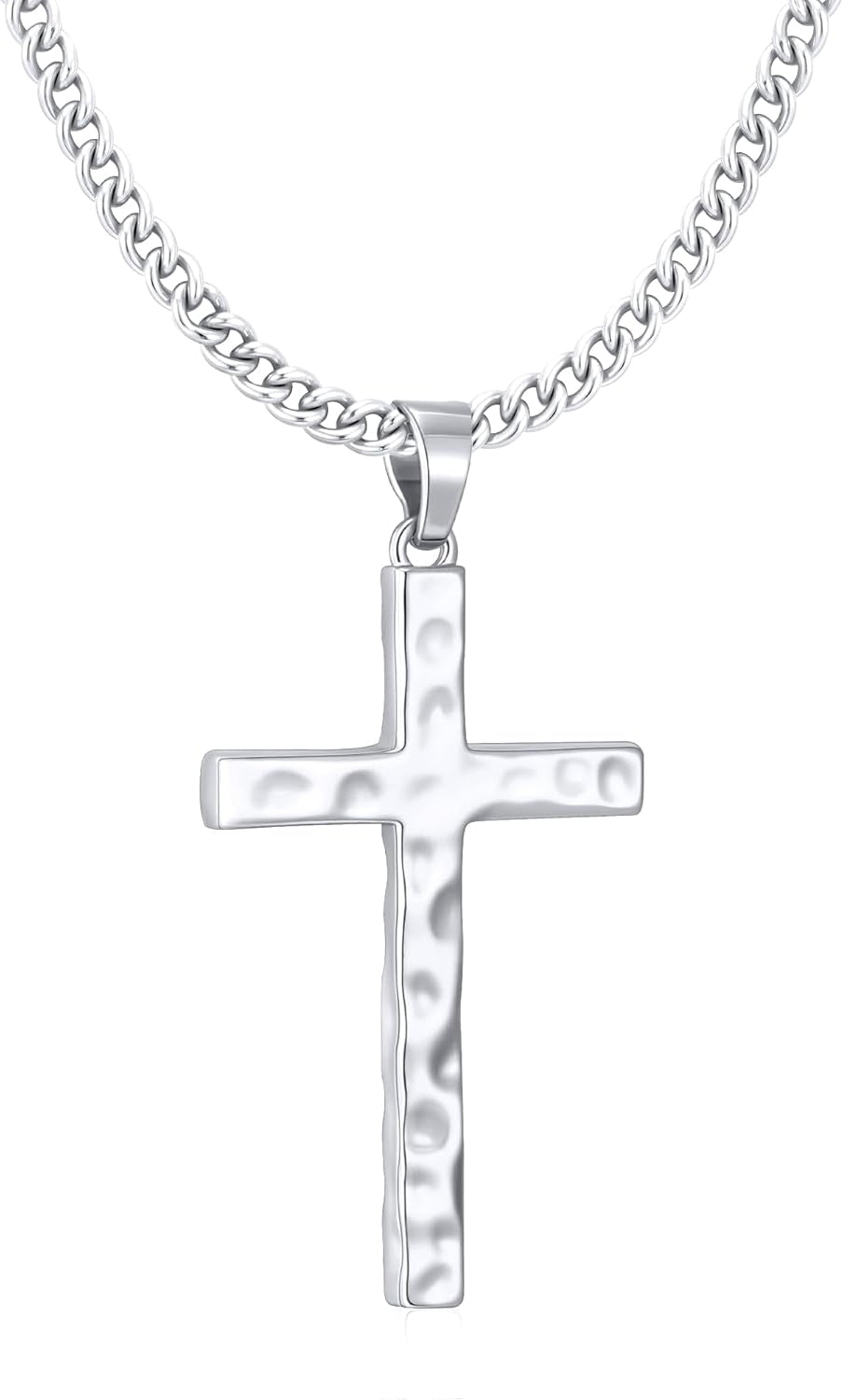 Cross Necklace for Men Boys - Hammered Cross Pendant with Cuban Chain Unique Crucifix Necklaces Christmas Christian Religious Jewelry Gifts 22+2 Inches