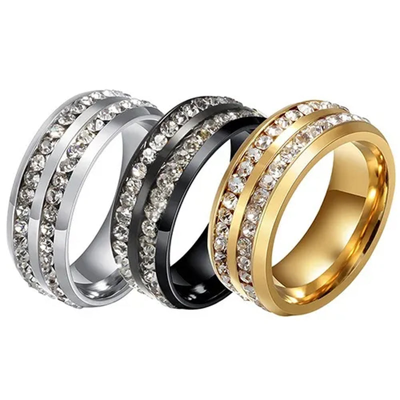 Womens Men's Fashion Double Rows Crystal gold silver black Titanium Steel Wedding Jewelry Ring 6-11