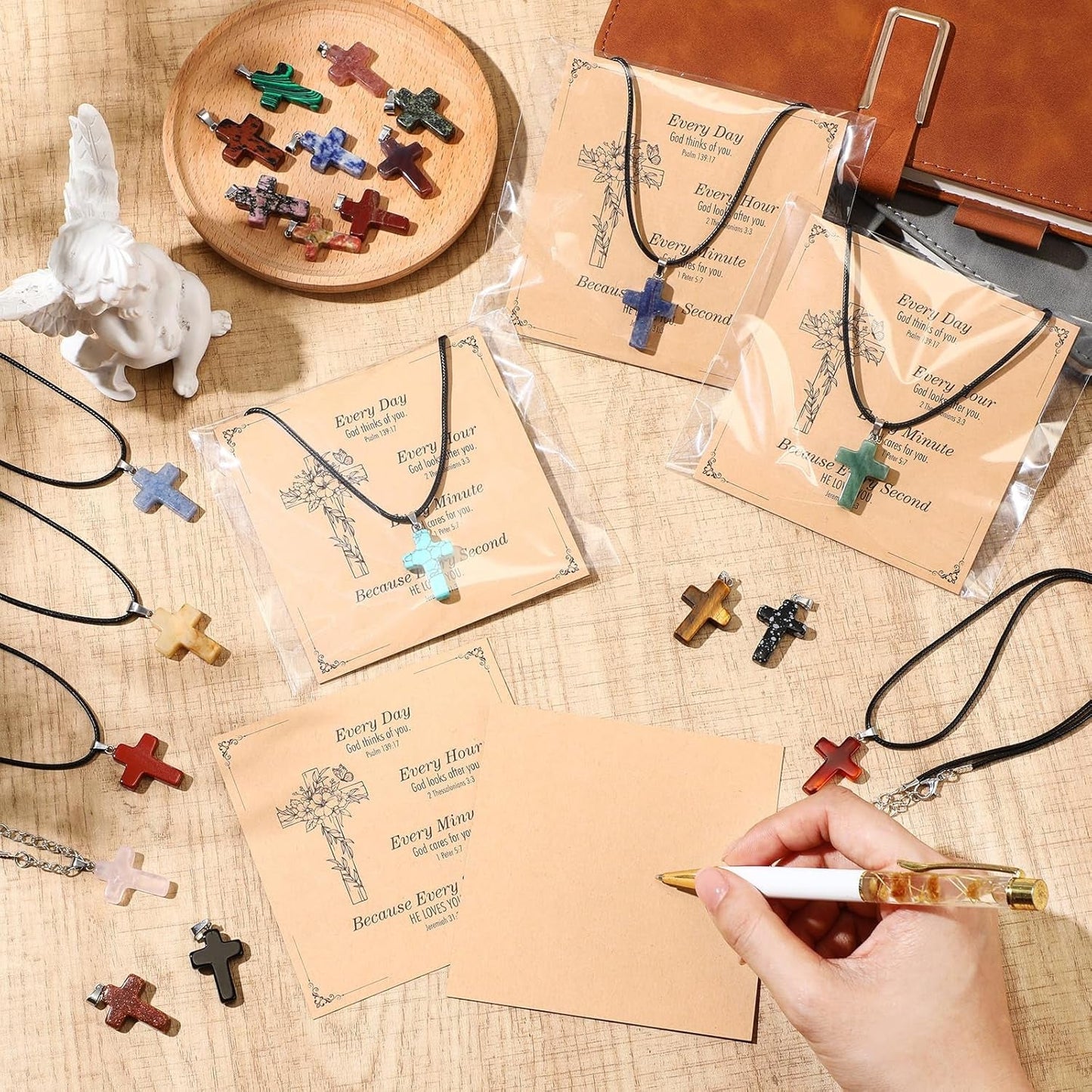 Christian Cross Charms for Jewelry Making Natural Stone Cross Gemstone Pendant Quartz Crystal Charm with Leather Chain and Card for Valentines DIY Necklace Earring Bracelet Gifts