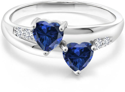 925 Sterling Silver Blue Created Sapphire and White Lab Grown Diamond Women Ring (1.30 Ct Heart Shape, Available in Size 5, 6, 7, 8, 9)