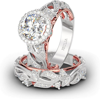4 Carat Openwork Ring Sets for Women 925 Sterling Silver Wedding Sets Rose Gold round Cut Halo Engagement Ring White Diamond Band CZ Solitaire Anniversary Promise Rings