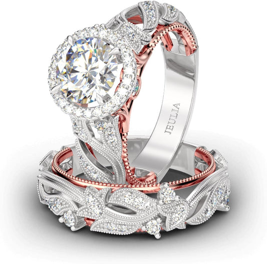 4 Carat Openwork Ring Sets for Women 925 Sterling Silver Wedding Sets Rose Gold round Cut Halo Engagement Ring White Diamond Band CZ Solitaire Anniversary Promise Rings