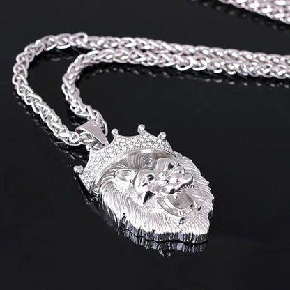 Titanium Steel Diamond Crown Lion Head Necklace Hip Hop Luminous Necklace Men's Gold-plated Punk Party Pendant Necklace