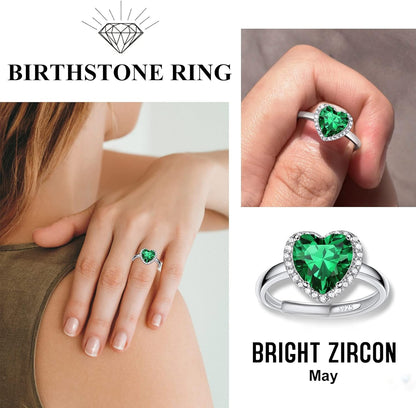 925 Sterling Silver Birthstone Rings for Women Girls with Clear 2Ct Heart/Round/Teardrop/Square Crystal, Solitaire Diamond Halo Open Bands Cubic Zirconia Rings Adjustable Size#6-#12