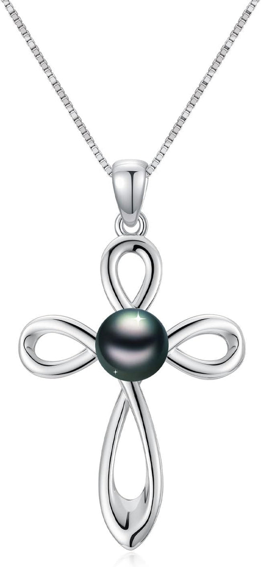 Tahitian Black Pearl AAAA 18K White Gold Plated Sterling Silver Religious Cross Pendant Necklace for Women Wife Mom Girlfriend Her Jewelry Gift for Anniversary Birthday