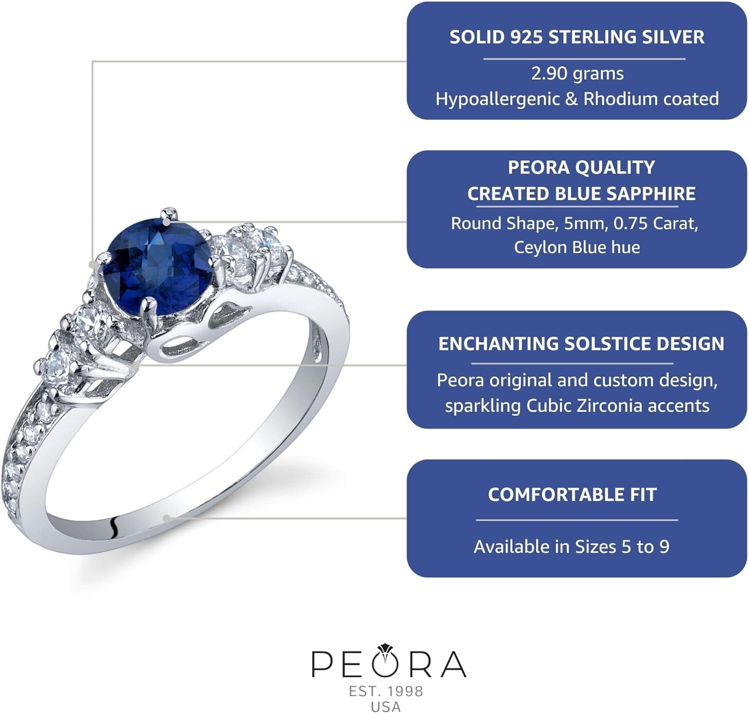 Created Blue Sapphire Women Ring 925 Sterling Silver, Enchanting Solstice Design, 0.75 Carat round 5Mm Sizes 5 to 9