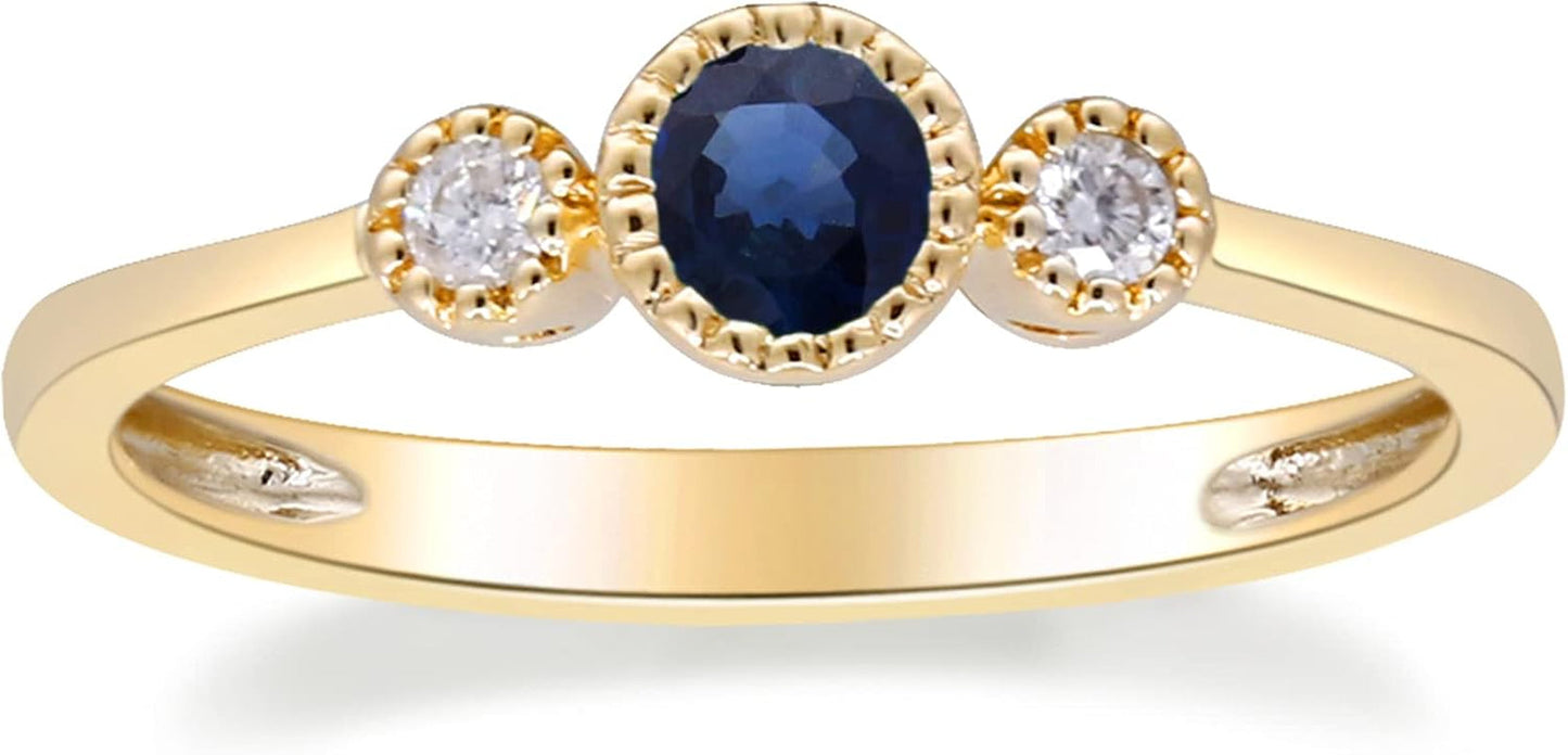 Gin and Grace 10K Yellow Gold Genuine Blue Sapphire Ring with Diamonds|Ethically, Authentically & Organically Sourced (Round-Cut) Shaped Sapphire Hand-Crafted Jewelry for Her | Sapphire Ring for Women Holiday Gifts
